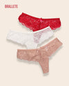 Panty Con Encaje Cintura Baja Mykonos - Kit 3 Piezas Rojo + Blanco + Rosa Panties