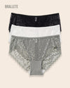 Panty Con Encaje Cintura Regular Santorini - Kit 3 Piezas Negro + Blanco + Gris Panties
