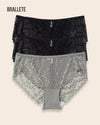 Panty Con Encaje Cintura Regular Santorini - Kit 3 Piezas 2x Negro + Gris Panties