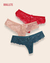 Panty Con Encaje Cintura Baja Mykonos - Kit 3 Piezas Rojo + Rosa + Azul Panties